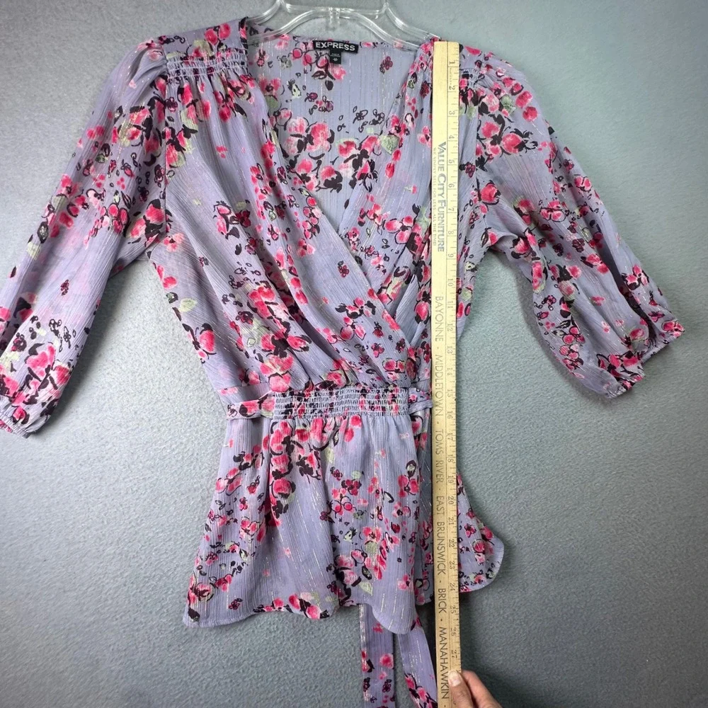 Express Boho Floral Metallic Wrap Blouse Smocked‎ Waist Lavender Romantic XS